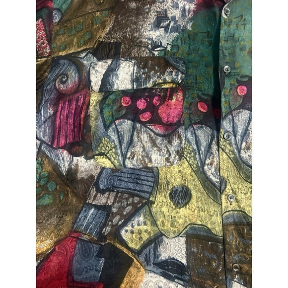 Vintage Goouch Abstract Art Short Sleeve Button Up Shirt Mens XL Multicolor Silk - Picture 9 of 15